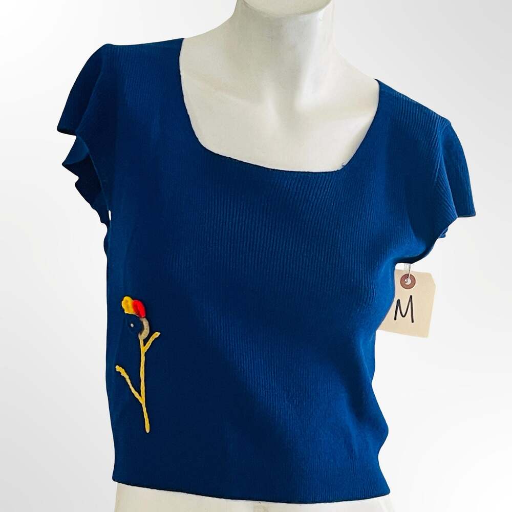 Glamour Knit Vintage Blue Ribbed Square Neck Sweater with Floral Applique Size M